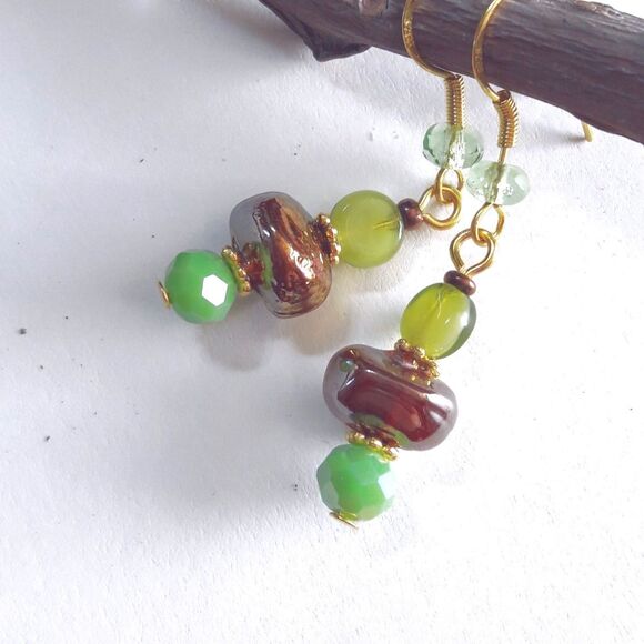 artisan earrings 618#mfs NEW boho Green & fireglaze brown glass drop earrings fa - Picture 1 of 5